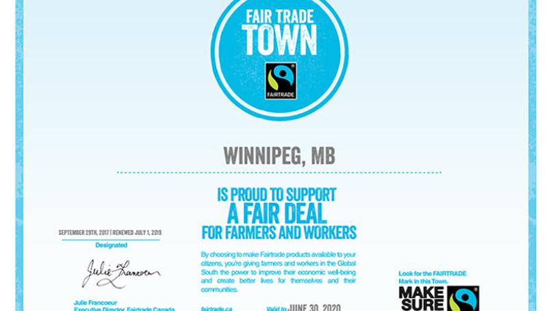 Certificate of Fair Trade Town for Winnipeg, MB