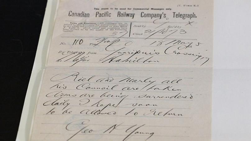 A letter from 1885 informing City Council that Louis Riel surrendered.