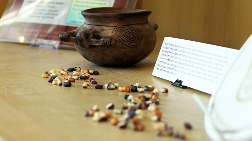 Beans and a pot on display on a shelf at the Story Seeds exhibit.