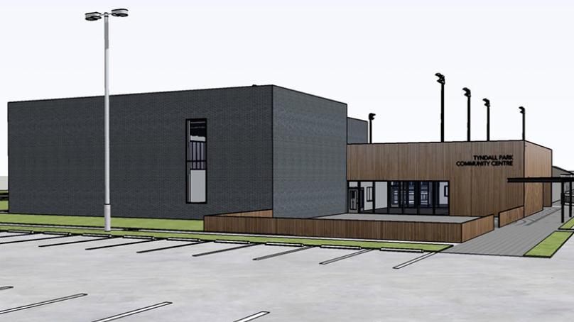 A rendering of proposed upgrades to Tyndall Park Community Centre, shown from outside the building across the parking lot.