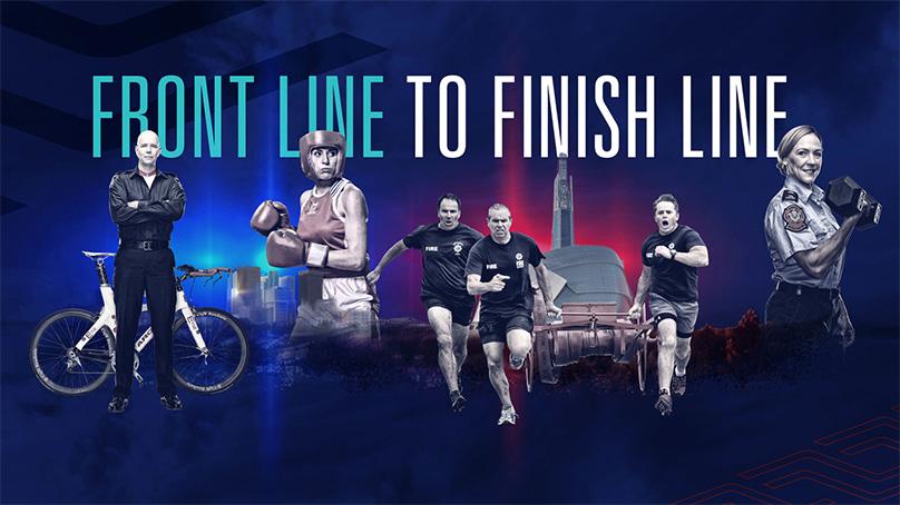 Six police and fire athletes are shown in a collage, along with the Winnipeg skyline. From left to right, one is in front of a bicycle, one is boxing, three are running, and one is lifting a weight. The slogan Front Line to Finish Line is shown.