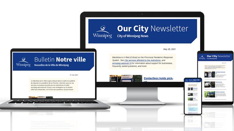 Different devices showing the Our City newsletter
