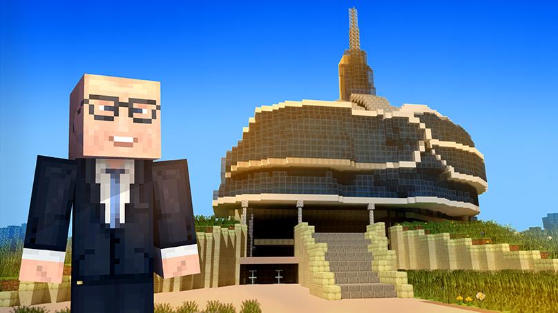 Mayor Gillingham as a Minecraft character with a Minecraft version of the Canadian Museum of Human Rights