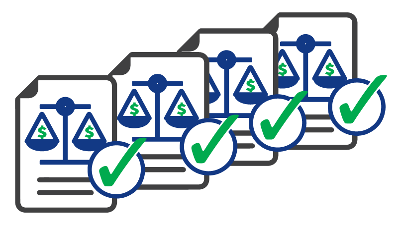 Four document icons with balanced scales and checkmarks