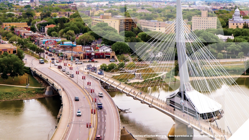 Aerial view of the Provencher Bridge and Esplanade Riel facing St. Boniface