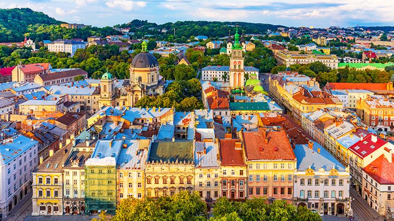 Aerial view of Market Square in Old Town Lviv, Ukraine