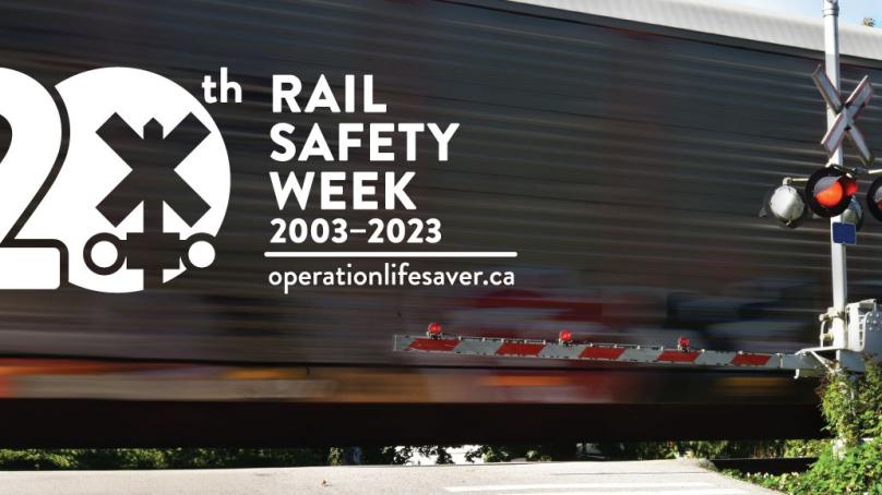 20th Rail Safety Week - OperationLifesaver.ca. An image of a fast moving train at a rail crossing.