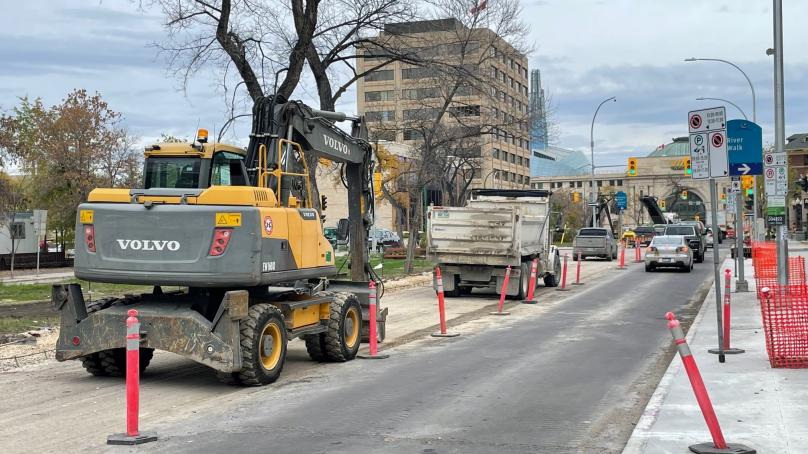 Construction crews work on Broadway in the late fall.