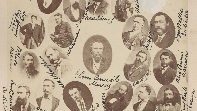 Members of Winnipeg's first City Council are seen in a sepia-tone archival image.