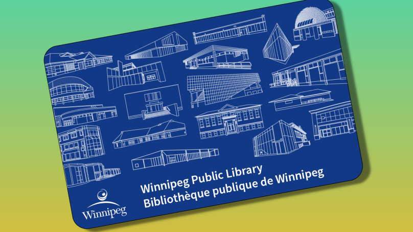 Winnipeg public library card on green and orange gradient