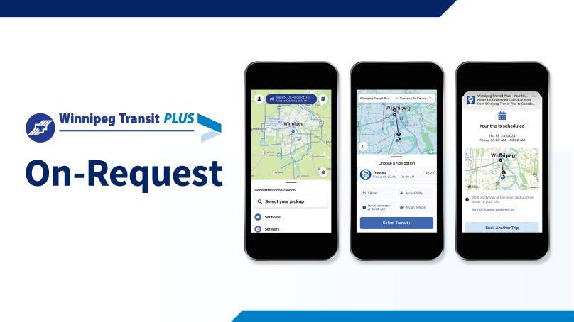 Three screenshots of the Winnipeg Transit+ On-Request app on a mobile phone