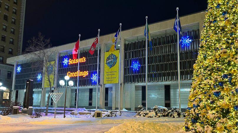 City Hall at night during the holidays