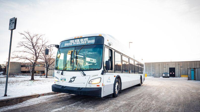 Winnipeg transit bus displaying free ride sign
