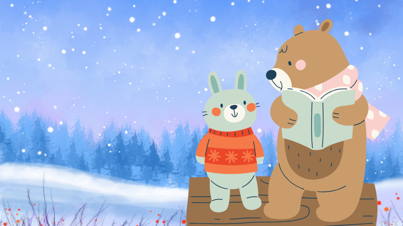 Illustration of a bear and a rabbit sitting on a log in a snowy blue forest.