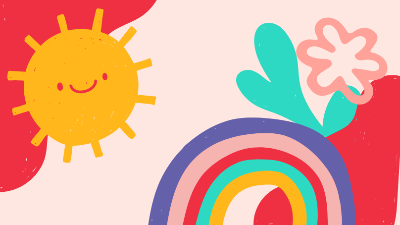 Illustration of sun shining down on a rainbow with a pink and red background.