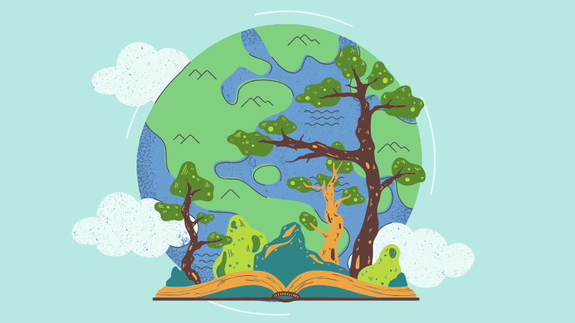 Illustration of the Earth in the background. An open book with trees growing out of the pages is in the foreground.