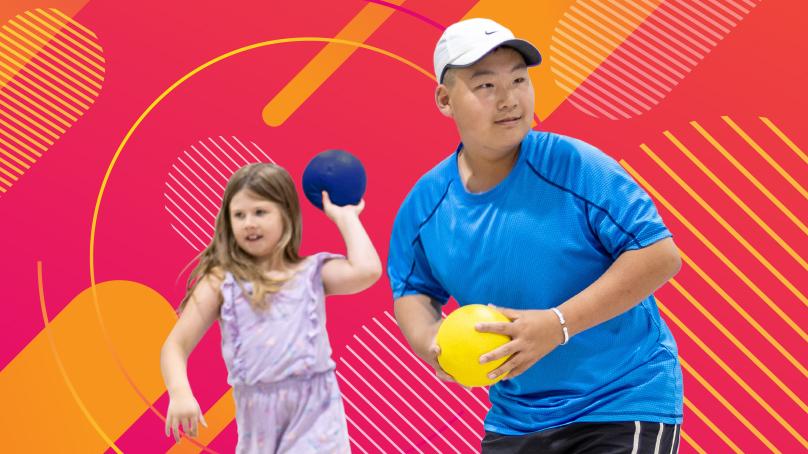 Two kids throwing dodgeballs in front of a colourful red, magenta and yellow graphic background