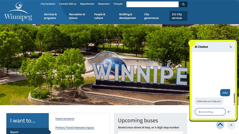 Chatbot open on winnipeg.ca homepage