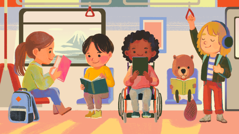 Illustration of a group of children in a train car by Cornelia Li.