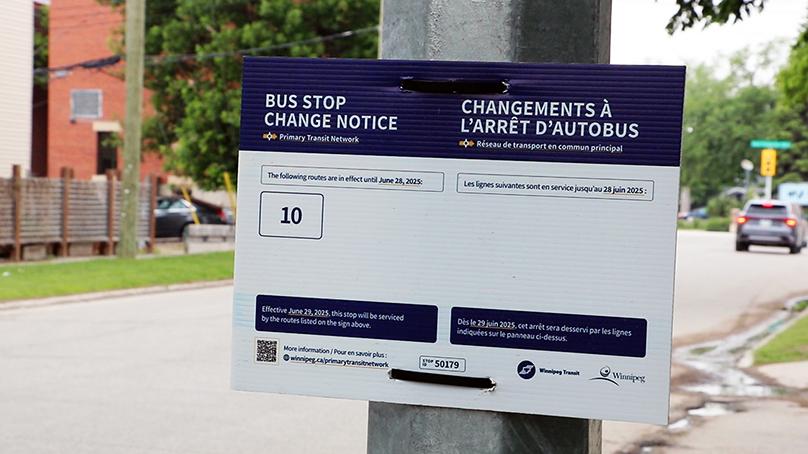 Winnipeg Transit stop change notice