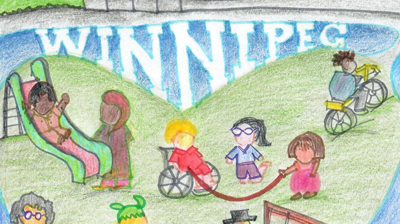 Pencil crayon illustration of people playing on a playground that's heart shaped, surrounded by a river. White text spells out WINNIPEG in the river.