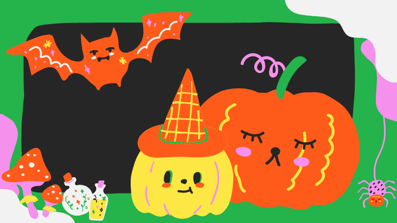 Illustrated Halloween icons on a green and black background