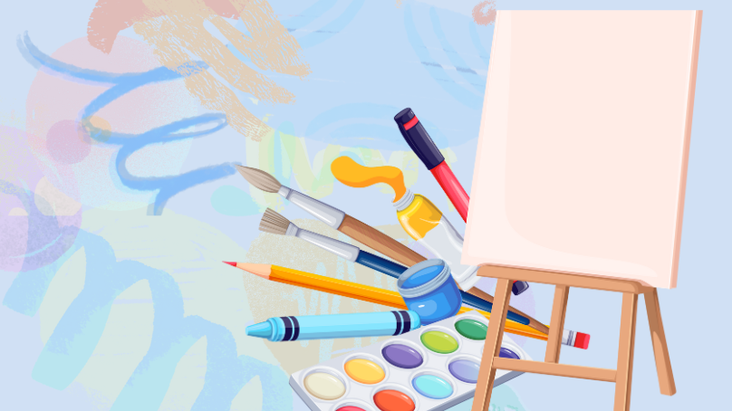 An illustrated easel and paint brushes on a layer of scribbles and brush marks.