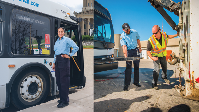 Person standing beside a bus, person hooking up a bus to a tow truck