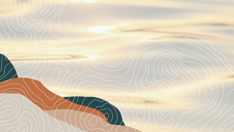 Organic shapes on top of a photo of open water. Light shines on the water. 