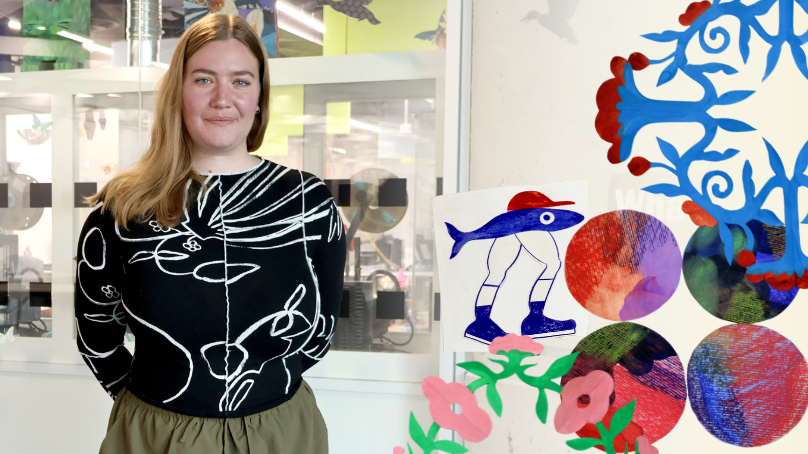 2026 Maker-in-Residence, Cato Cormier, at the ideaMILL in Millennium Library. Samples of her artwork are overlayed on the left side of the photo.