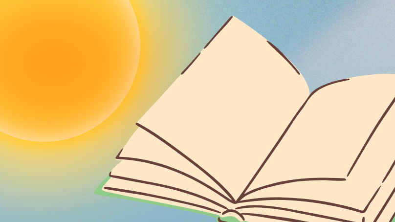 Illustration of the sun in the right corner, shining down on an open book.