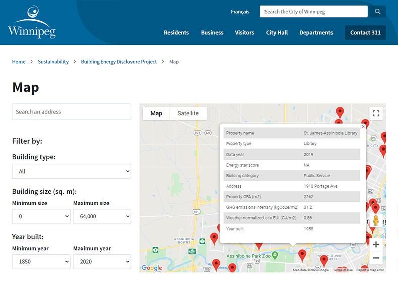 public disclosure map screen capture showing filters on the left and a map with pins on the right.