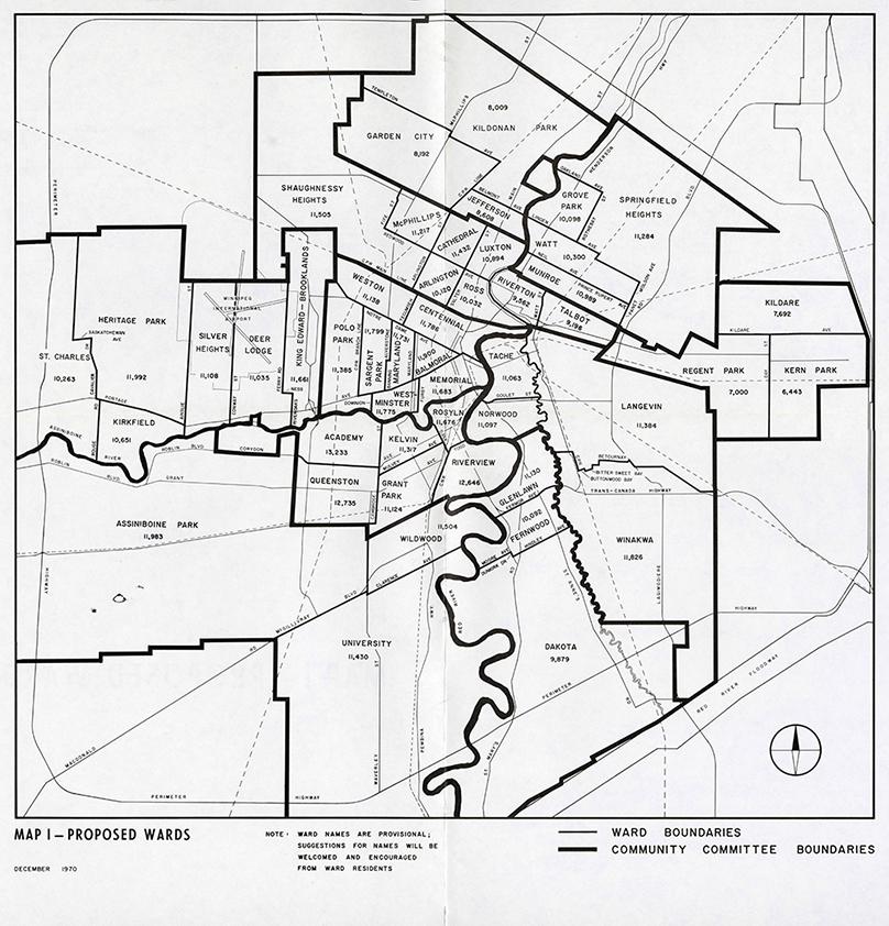 Map of the proposed wards for Unicity. Item dated December 1970 COWA, City of Winnipeg fonds, Mayor’s Office files, Urban Reorganization in the Greater Winnipeg Area, File 4563