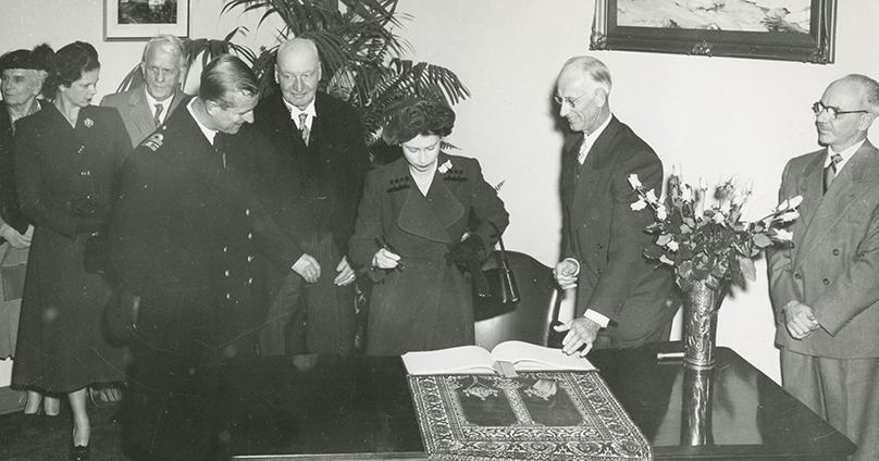 Princess Elizabeth with Prince Philip, Winnipeg Mayor Garnet Coulter, and others at City Hall.