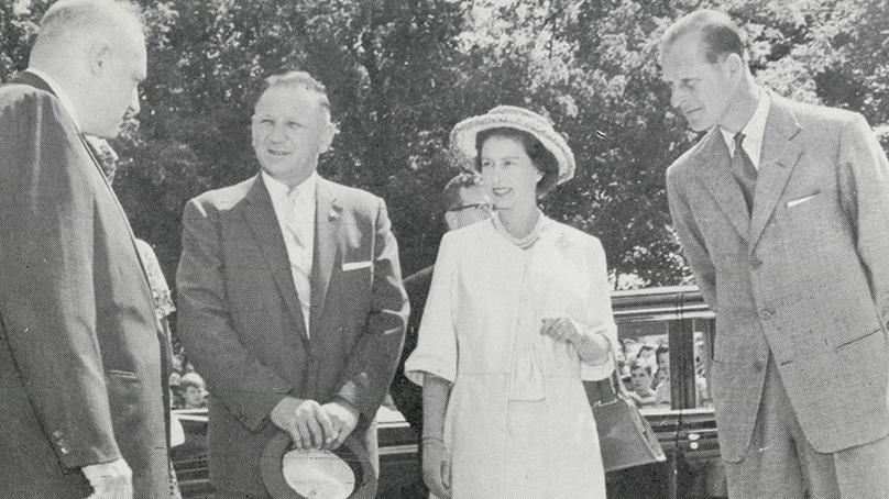 Royal Tour, Winnipeg, July 24, 1959. Queen Elizabeth II and Prince Philip being presented to Alderman Harvey by Mayor Stephen Juba. City of Winnipeg Archives.