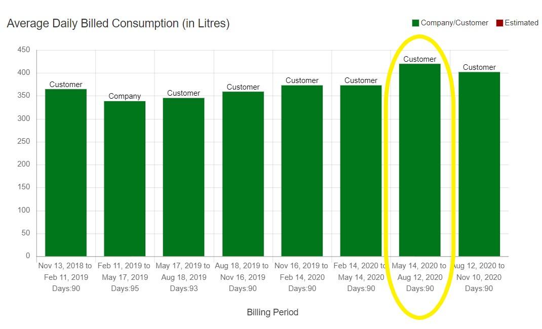 When looking at this chart, this homeowner noticed their water consumption increased beginning in May. They checked for leaks, but none were found. The increased water use may be due to the family spending more time at home and outdoor water use.