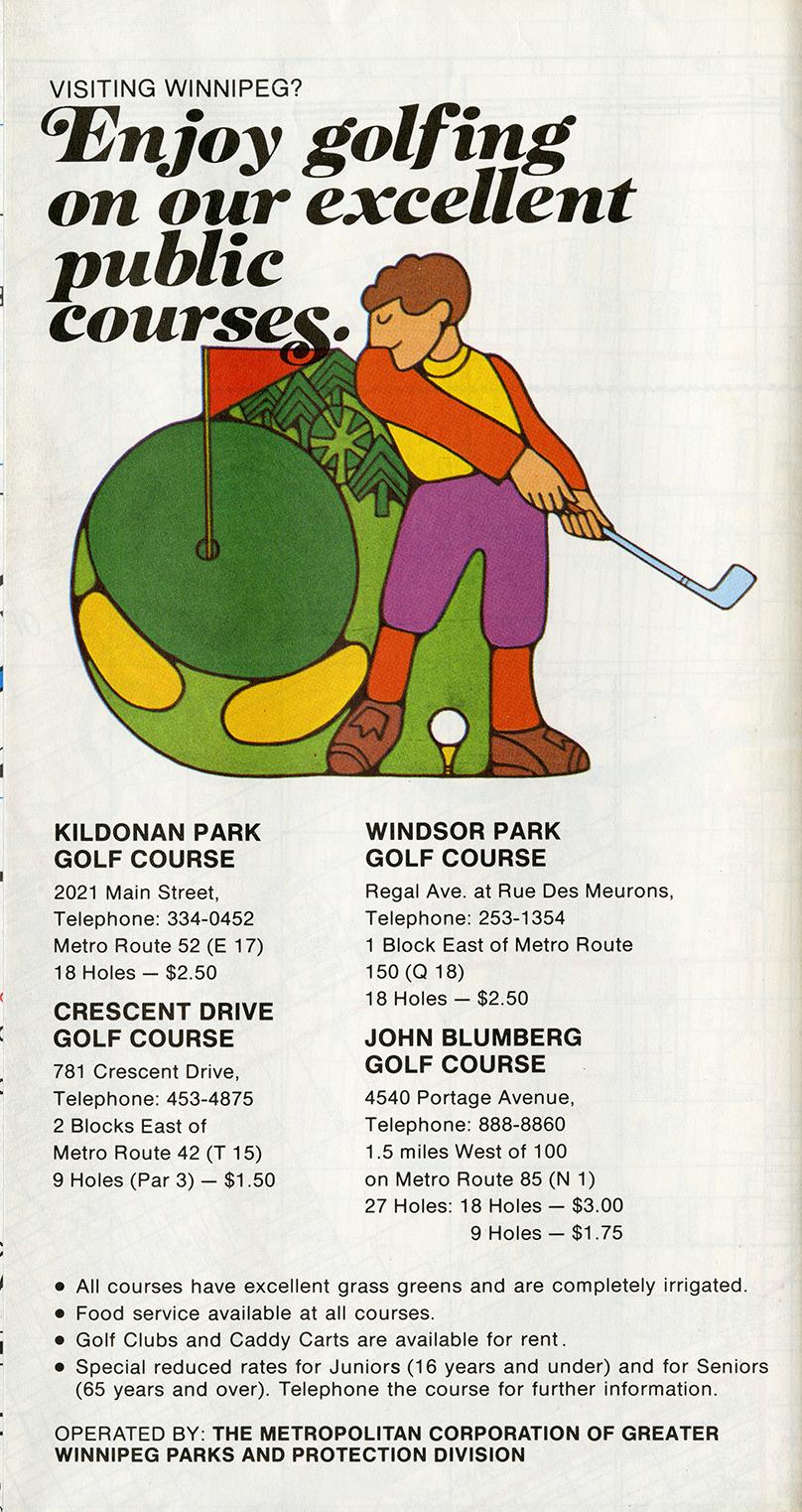 Brochure page advertising municipal golf courses 1966, Metropolitan Corporation of Greater Winnipeg Parks and Protection Division, City of Winnipeg Archives Parks and Recreation Photograph Collection