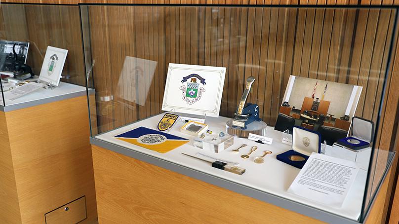 City of Winnipeg crest exhibit on display on the second floor of the Council Building at City Hall.