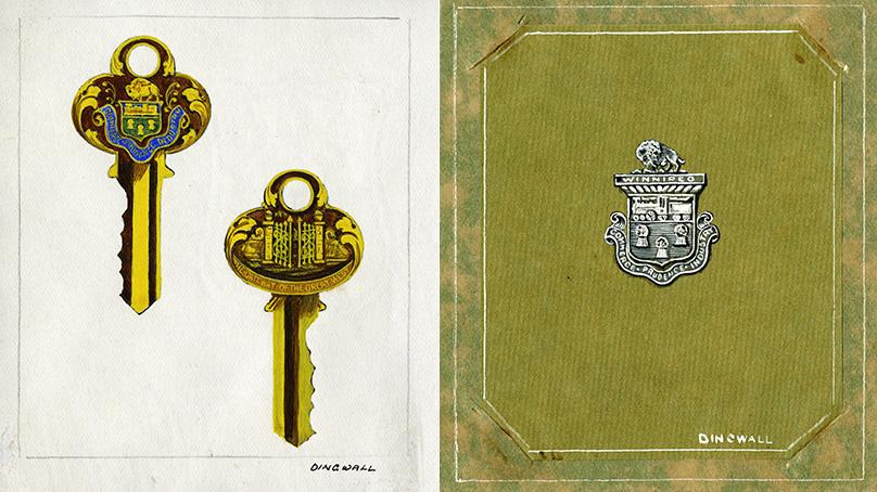 Design for City of Winnipeg souvenir key and brooch by Dingwall. From the Committee on Legislation and Reception series, communications.