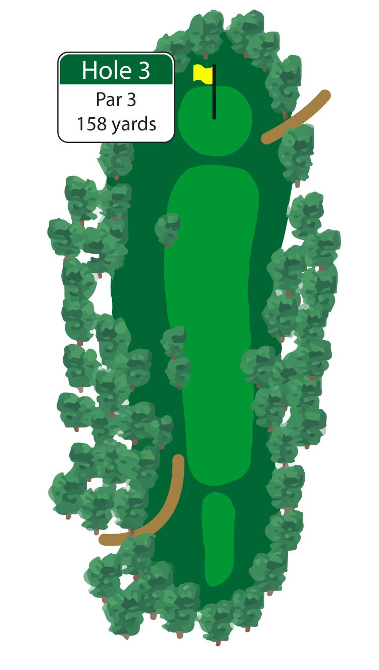 The par 3 third hole requires maximum accuracy from the tee. Both the left and right sides of the hole are guarded by trees that make for an extra narrow approach. 