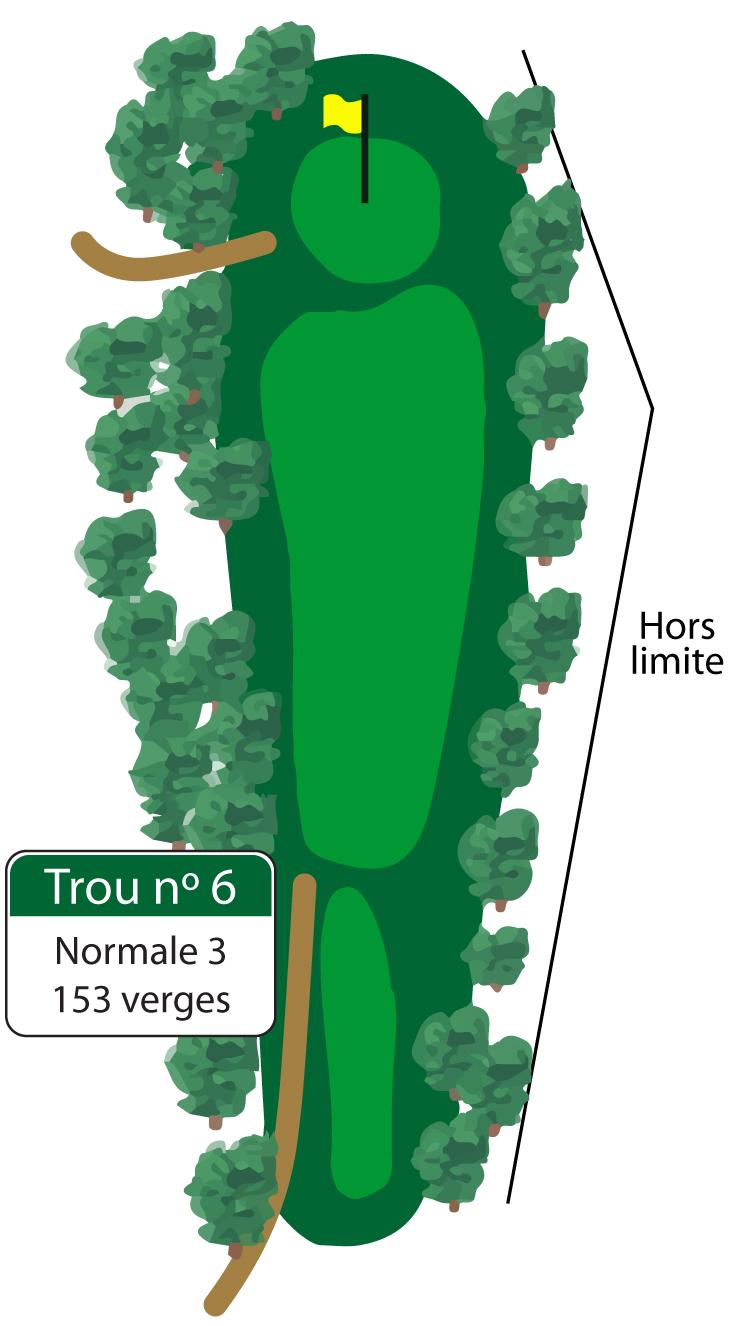 Un hors-limite longe le côté droit de l’allée sur ce trou. Sur votre coup roulé, méfiez-vous du vert qui est en pente de l’arrière vers l’avant. 