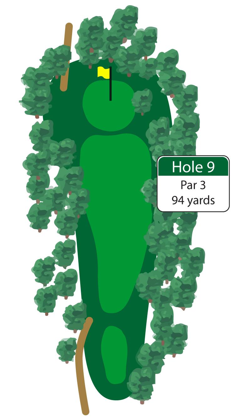 The finishing hole is the shortest on the course at 94 yards. A well-placed tee shot will give you a great chance to finish the round with a birdie.