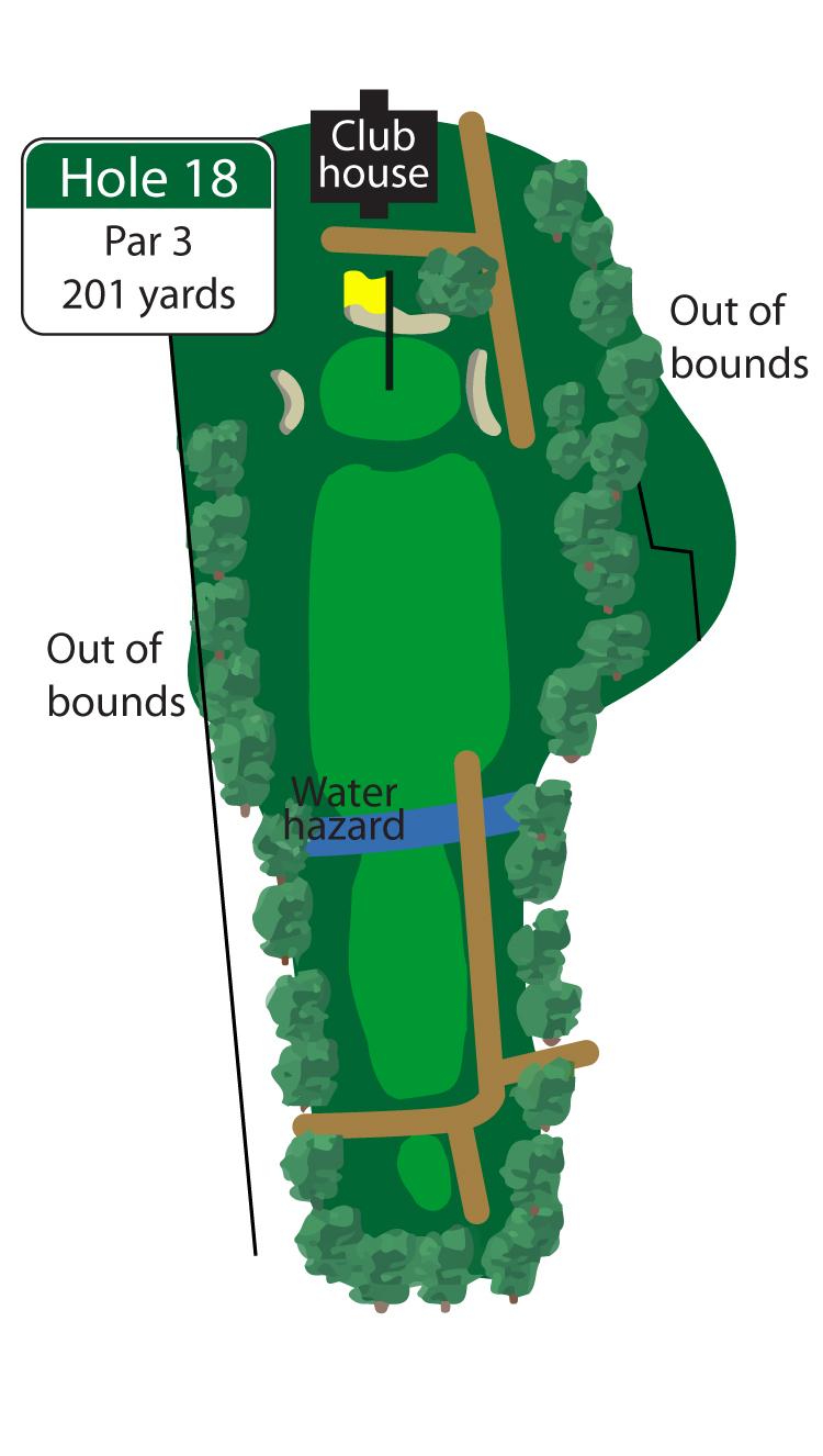 The finishing hole demands a well struck long iron or fairway wood to a large green. Par is a good score and a great way to finish your round.