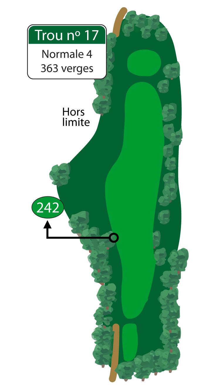 Un par 4 rectiligne de longueur moyenne. Un coup de départ dans l’allée vous permettra de réussir la normale ou même mieux. 