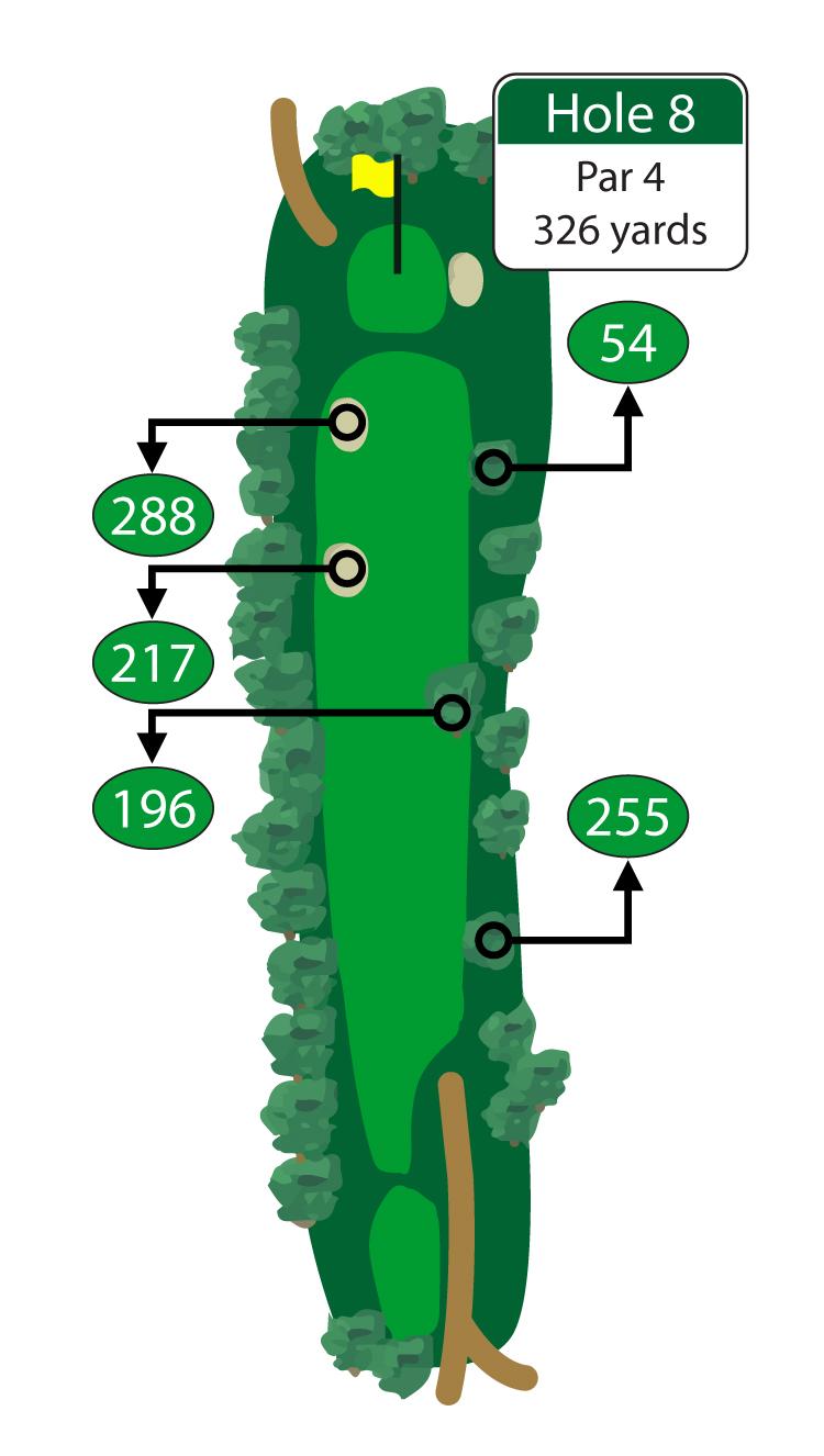 Danger awaits behind the 8th green. Be sure to keep your approach shot to the front portion of the green in order to leave with a par.