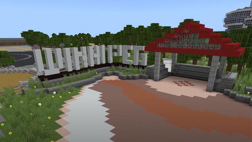 Minecraft version of the WINNIPEG sign.