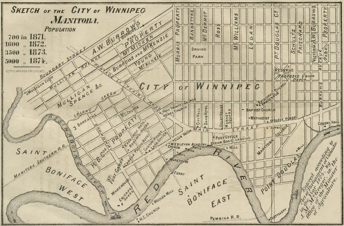 An 1874 map of Winnipeg’s city limits. It grew exponentially in the next hundred years, especially after the arrival of the railway.