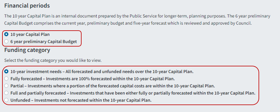 Filter options for the Infrastructure Plan dashboard