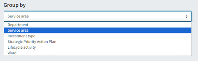 Dashboard dropdown menu allowing users to group by department, service area, investment type, strategic priority action plan, lifecycle activity, or ward.