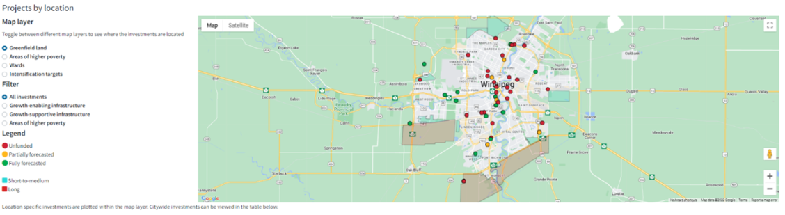 Dashboard map view with map of Winnipeg and pins showing projects by location